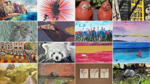 Collage of original artwork featured in the hART 2023 art exhibition in Hythe, Kent.
