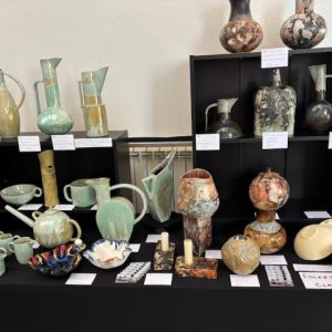 Ceramic vessels and handmade pottery displayed at the 2025 hART Exhibition in Hythe, Kent.