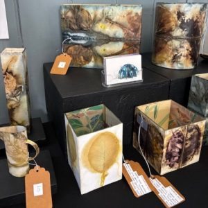 Nature-inspired mixed-media artworks and handmade vessels displayed at the 2025 hART Exhibition in Hythe, Kent.