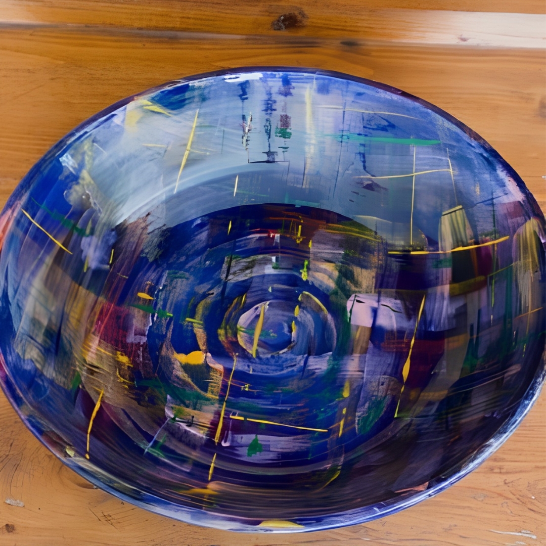 Large decorative bowl painted with an abstract design in blue, purple, green and yellow.