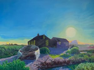 Painting by Ann Momtahan depicting Prospect Cottage at Dungeness, with its distinctive black exterior and yellow windows beneath an expansive blue sky.