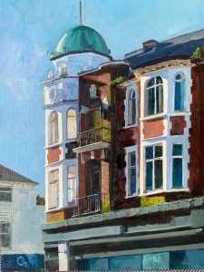 Architectural painting by Ann Momtahan featuring an ornate red-brick building with a green domed tower beneath a blue sky.