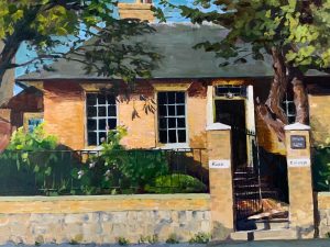 Painting by Ann Momtahan of Rose Cottage, a warm brick house framed by mature trees and greenery.