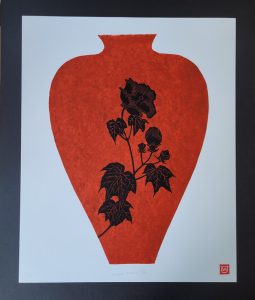 Black Peony III print by Beverley Johnson featuring a detailed black peony against a bold terracotta-red vase form.