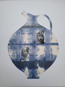 Contemporary print by Beverley Johnson featuring two small figurative forms within a large blue and white vessel silhouette.