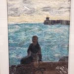 Textile seascape by Carol Dixon featuring turquoise sea, cloudy sky and harbour wall
