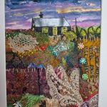 Colourful textile landscape by Kent artist Carol Dixon featuring a cottage, fields and layered vintage fabrics