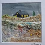 Mixed textile landscape by Carol Dixon featuring a black cottage beneath a dramatic grey sky