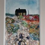 Textile landscape by Kent artist Carol Dixon featuring a black cottage surrounded by richly layered fabrics and stitching