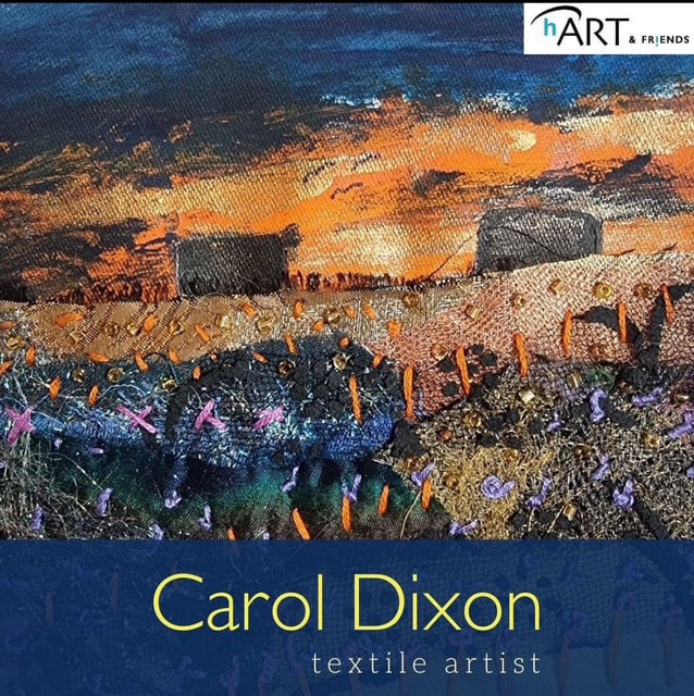 Textile landscape artwork by Carol Dixon, guest artist at the 2024 hART Exhibition in Hythe, Kent