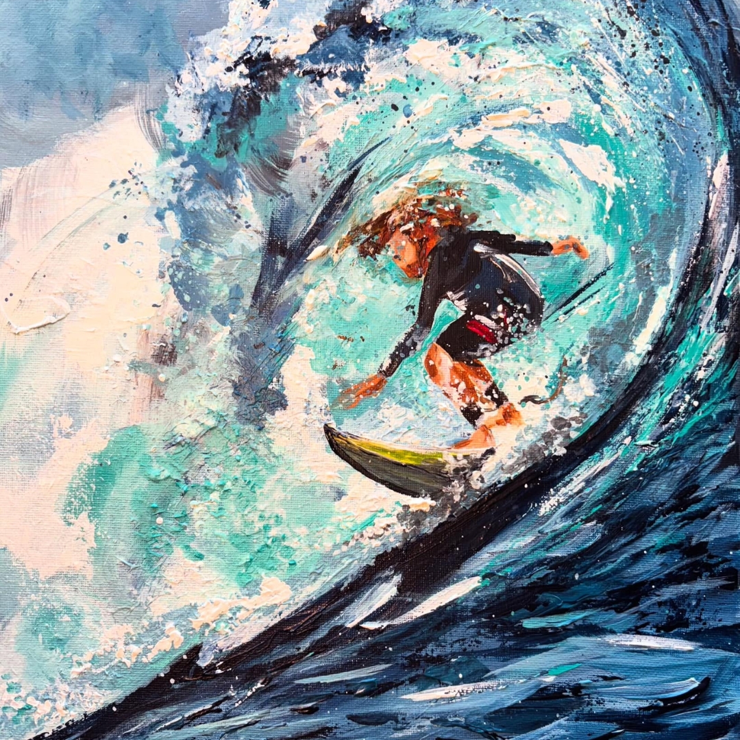 Colourful contemporary painting of a surfer riding through a turquoise and blue breaking wave.