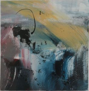 Abstract painting by Elaine Almond featuring sweeping ochre and blue brushwork with expressive black marks and soft pink tones.