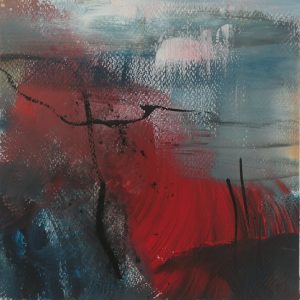 Expressive abstract painting by Elaine Almond combining bold red forms with deep blue, grey and black gestural marks.
