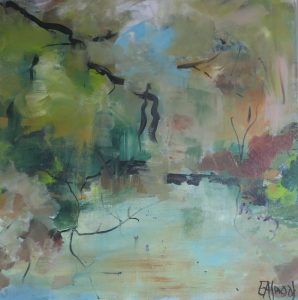 Abstract painting by Elaine Almond with layered greens, soft blues and expressive dark lines suggesting an organic landscape.
