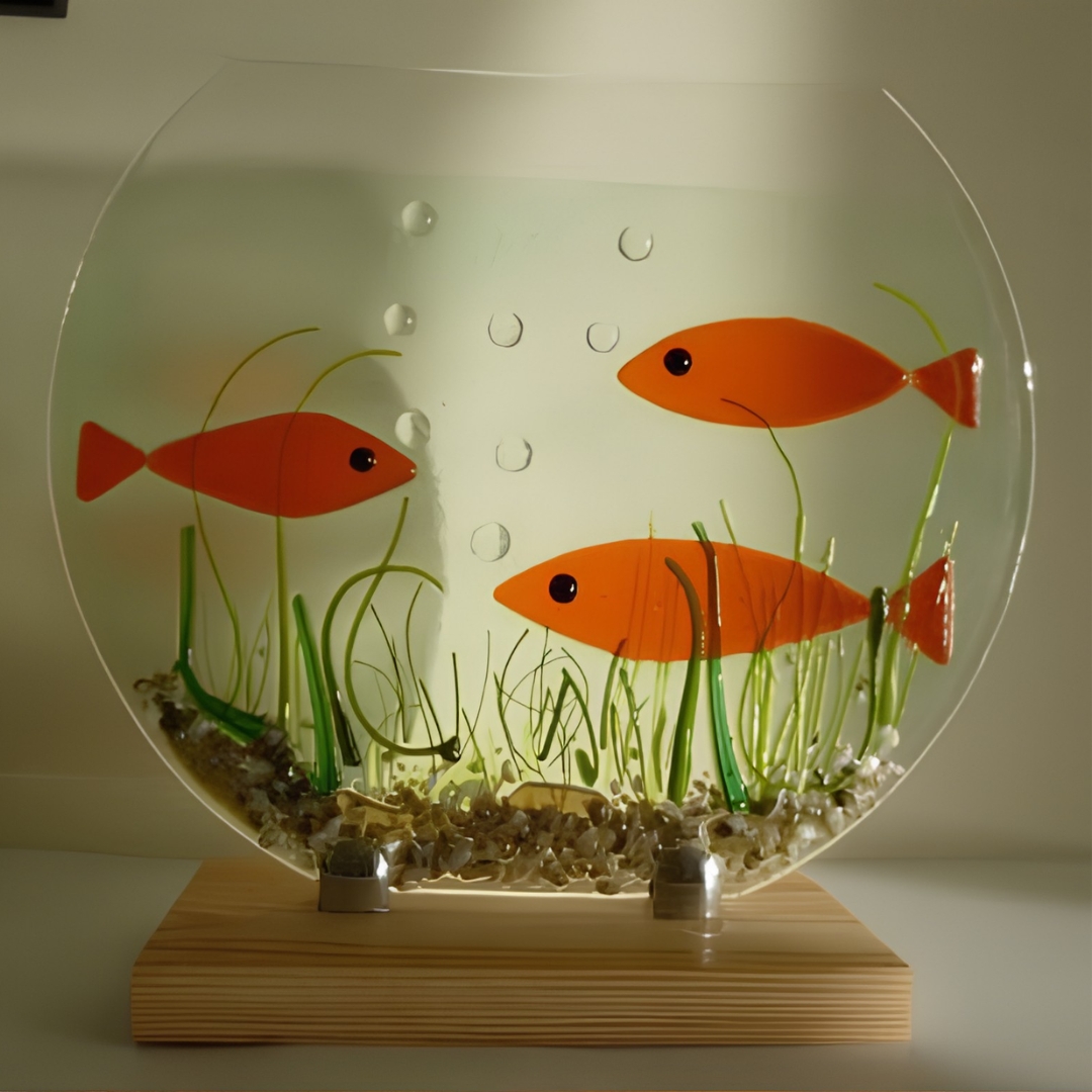 Fused glass artwork featuring three orange fish swimming among green aquatic plants.