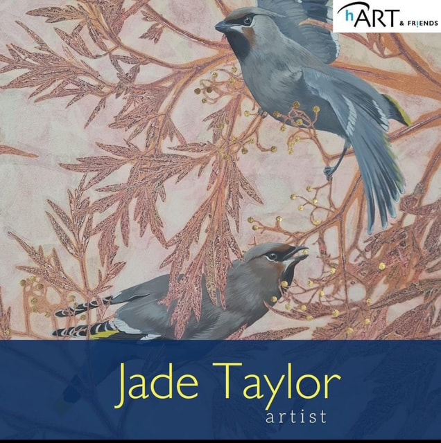 Bird artwork by Jade Taylor featuring waxwings among decorative foliage