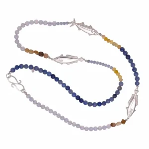 Necklace by Julian Warrender combining blue and natural-toned gemstone beads with detailed silver fish elements.