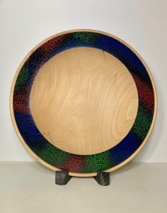 Hand-turned decorative wooden bowl with colourful rim by Kent woodturner Julian Williamson.