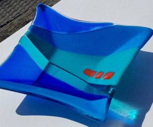 Blue and turquoise fused glass dish by Julie Williams, HART guest artist in Hythe.
