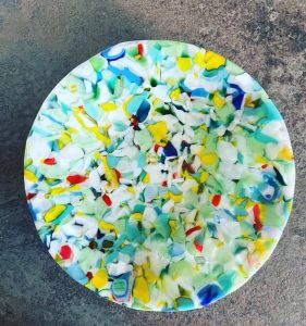 Colourful fused glass bowl by Julie Williams, guest artist at the 2026 HART Exhibition in Hythe.
