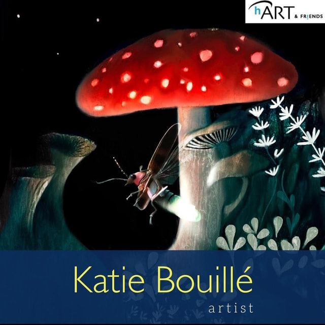 Whimsical mushroom and firefly artwork by Katie Bouillé for the 2024 hART Exhibition