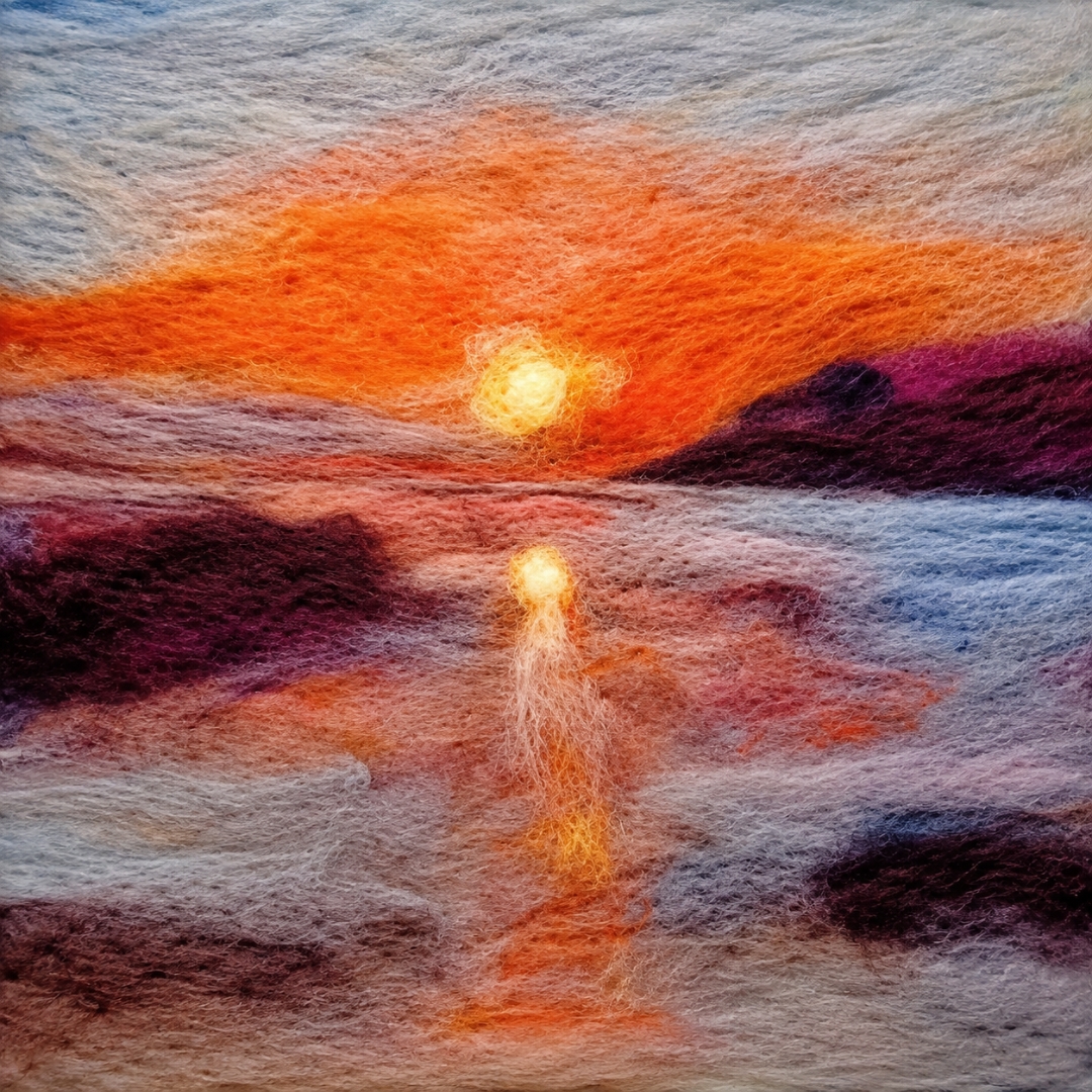 Wool fibre sunset seascape artwork by Kent artist Leigh Norgrove