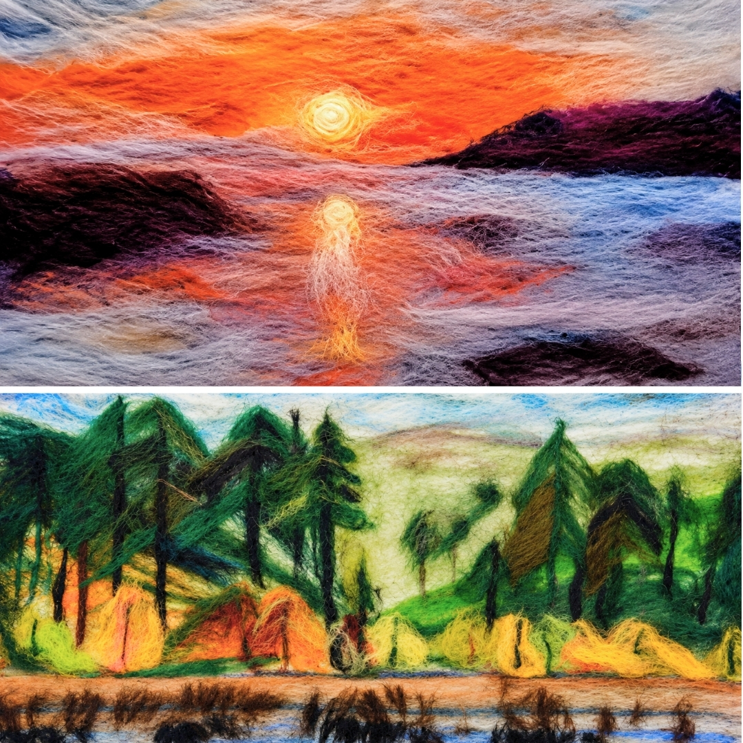 Two wool fibre landscape artworks by Kent artist Leigh Norgrove featuring a sunset seascape and woodland scene