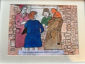 Embroidered textile artwork by Marie-Hélène Hunter depicting four women chatting beside a brick wall and window.