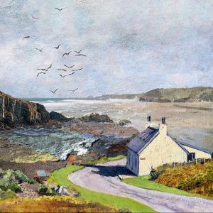 Mark Farrow coastal artwork featuring a solitary white house, seabirds and richly coloured textured rocks.