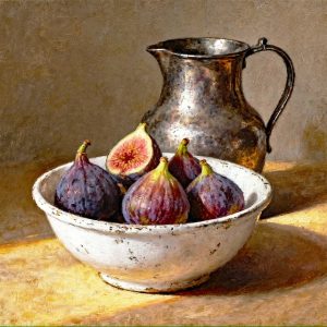 Mark Farrow still life artwork of purple figs arranged in a ceramic bowl beside an aged metal jug.