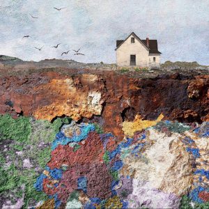 Mark Farrow coastal landscape showing a white cottage overlooking a sweeping bay beneath a flock of seabirds.