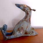 Sculptural ceramic bird by Kent artist Mary Sampson with blue and earthy glazes