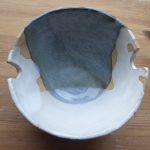 Sculptural stoneware bowl by ceramic artist Mary Sampson with grey and white glaze
