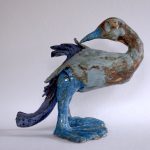 Blue Footed Bird ceramic sculpture by Mary Sampson inspired by the drawings of Quentin Blake