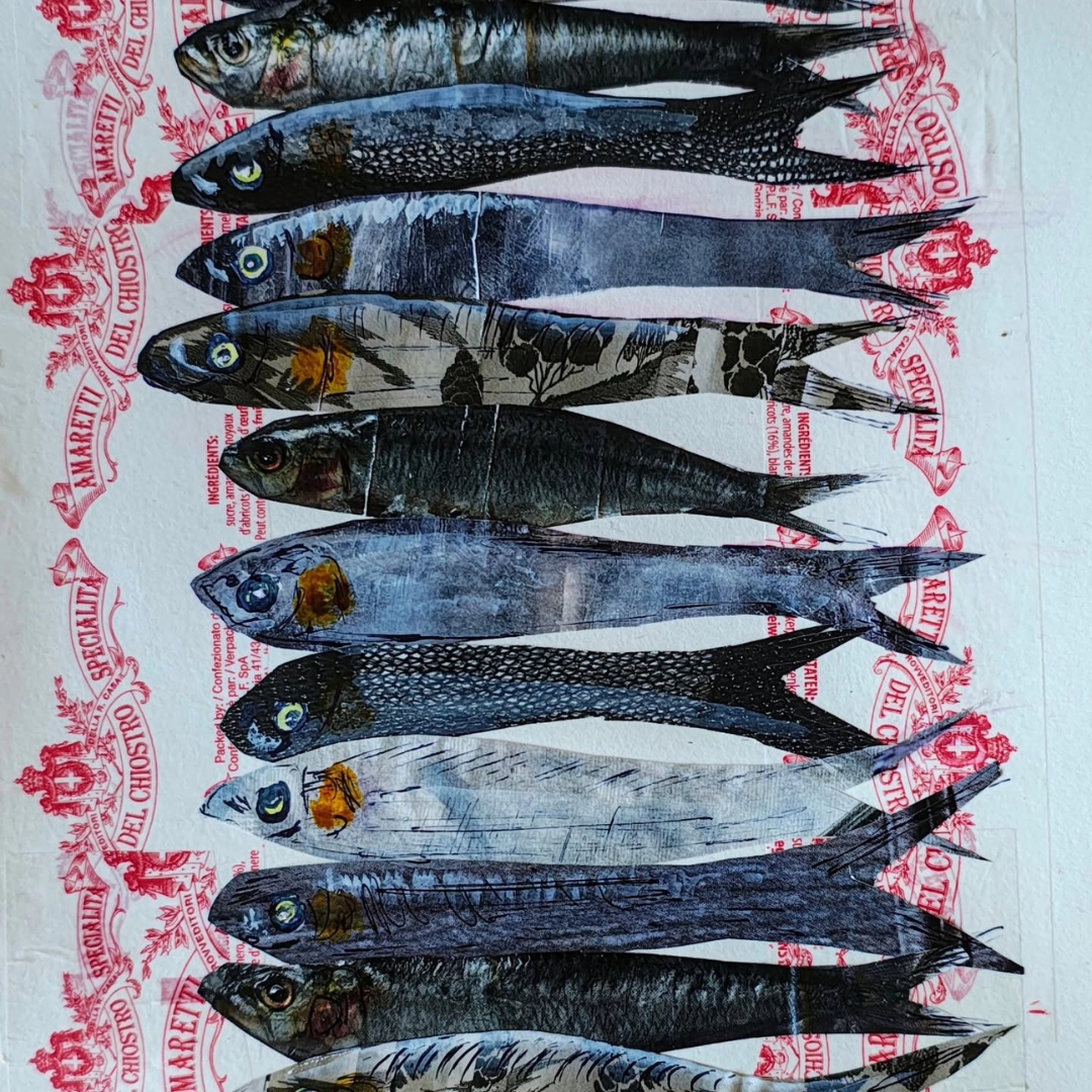 Mixed media artwork featuring a row of hand-drawn fish over vintage red printed paper.