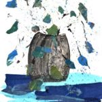Blue abstract mixed media collage by Nikki Griffith with layered paper and textured forms