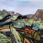 Colourful mixed media landscape by Nikki Griffith with hills, fields and expressive black linework