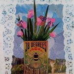 Mixed media floral collage by HART artist Nikki Griffith featuring pink flowers and a vintage Seeds for Bees design