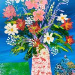 Colourful mixed media floral artwork by Nikki Griffith with pink, white and purple flowers on a blue background