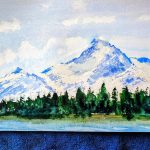 Mountain landscape painting by Nikki Griffith featuring snow-covered peaks, forest and water