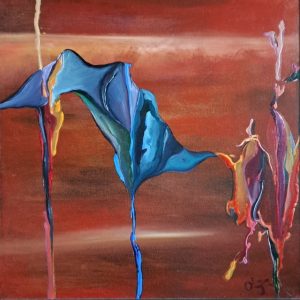 Colourful abstract painting by Olga Van Dijke with flowing blue forms and expressive red, orange and pink details.