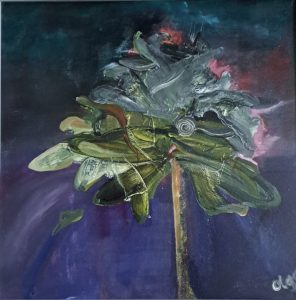 Abstract painting by Olga Van Dijke featuring layered green and grey organic forms against a deep blue and purple background.