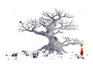 Detailed tree and badger illustration by Kent artist Philip Presland, guest artist at the 2026 HART Exhibition in Hythe.