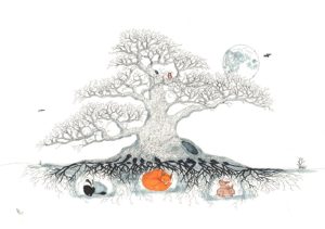 Tree and woodland wildlife illustration by Kent artist Philip Presland, showing a fox, badger and rabbit beneath the roots.