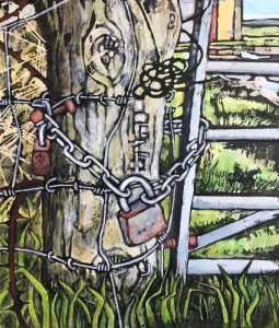 Rural gate and chain artwork by Kent artist Phillippa Goddard, exhibited with HART in Hythe.
