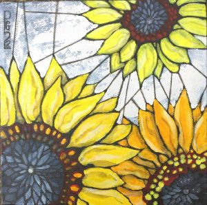 Colourful sunflower painting by Kent artist Phillippa Goddard, featuring bold yellow and orange flowers.