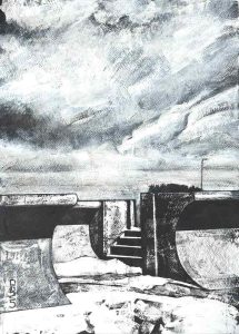 Monochrome coastal artwork by Kent artist Phillippa Goddard, guest artist at the 2026 HART Exhibition in Hythe.