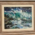 Expressive seascape painting by Sam Scott featuring a breaking turquoise wave against dark rocks