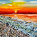Vibrant sunset seascape by Sam Scott with orange sky, pebble beach and waves