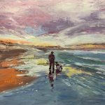 Coastal painting by Sam Scott featuring a figure and dogs walking along the shoreline at sunset
